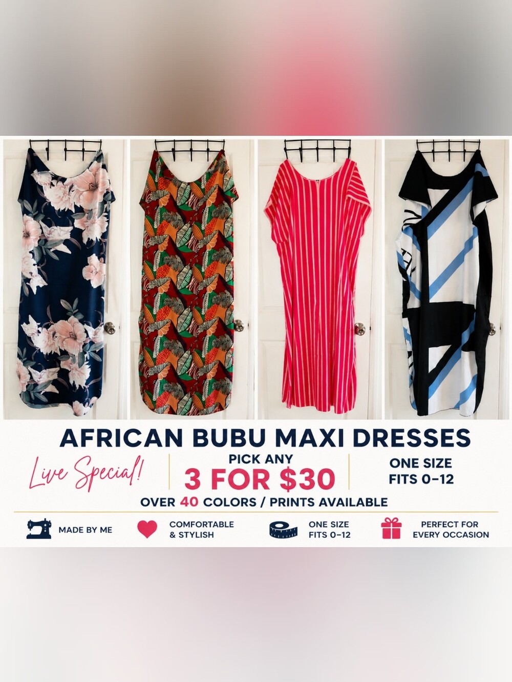 LIVE SALE SPECIAL 🎉 Pick ANY 3 African Bubu Maxi Dresses for $30